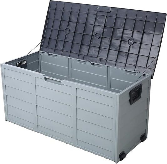75 Gallon Deck Box, All Weather UV Pool Deck Box, Lockable Patio Storage Box for Backyard Patio Outdoor w/ Wheel, Waterproof Outside Storage Box for Patio Furniture Outdoor Cushions,Garden Tools