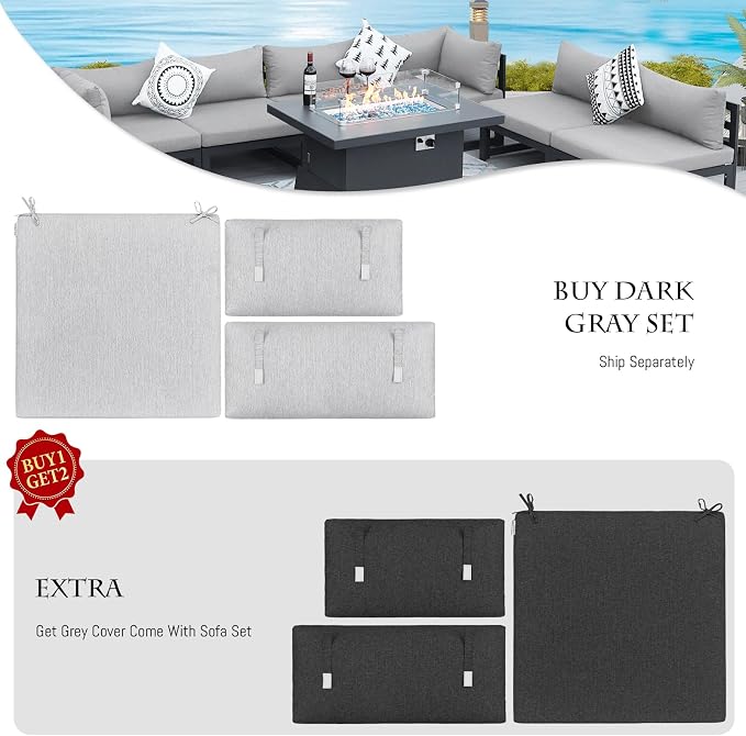 BULEXYARD 11 Pcs Modern Aluminum Patio Furniture Set, 500 lbs Heavy Duty Outdoor Sectional Sofa with Lounge & Fire Pit Table, 29" Deep Wide Seated, Comfy Large Conversation Couch for Pool, Light Gray