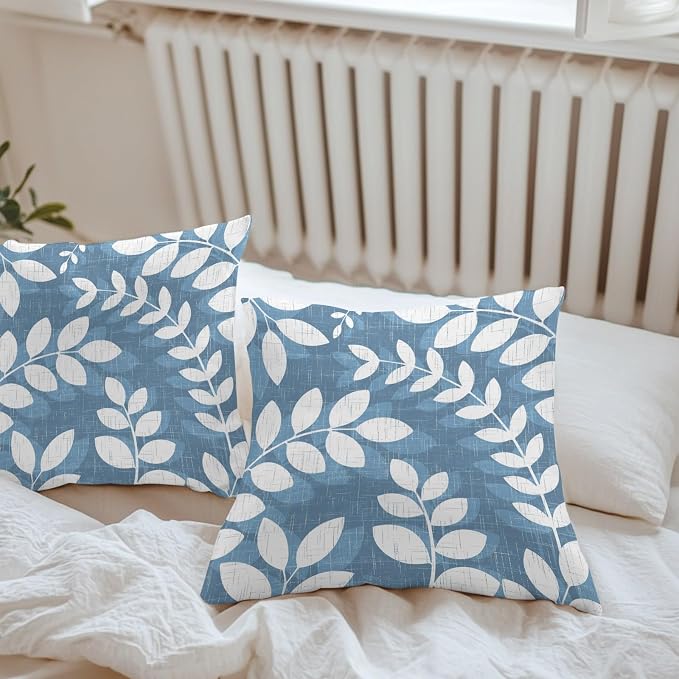 Lake Blue Leaves Outdoor Waterproof Throw Pillow Covers 26x26 Set of 2, Farmhouse Botanical Branch Vintage Boho Leaf Decorative Pillowcases Cushion Pillowcase for Couch Sofa Patio Pillow Protector