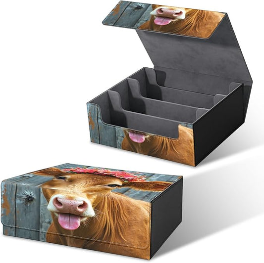 Large Card Deck Box for MTG, Fits 1200+ Sleeved Cards, PU Leather Storage Case with Strong Magnetic Closure, Multiple Colors Available for TCG CCG Baseball Card Collections, Pink Flower Cow