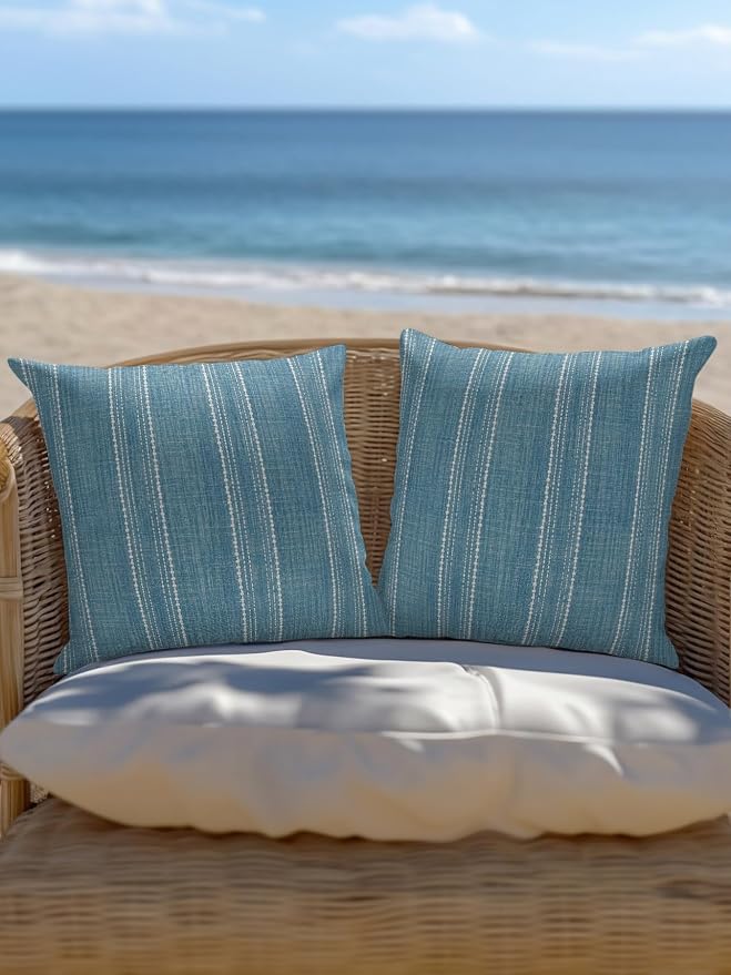 Waterproof Outdoor Pillow Set of 2 Coastal Blue Linen Stripes Decorative Throw Pillows Cover & Insert 18x18 Inch Pillowcase Parallel Vertical Lines Pillows for Couch Sofa Bed Patio Furniture