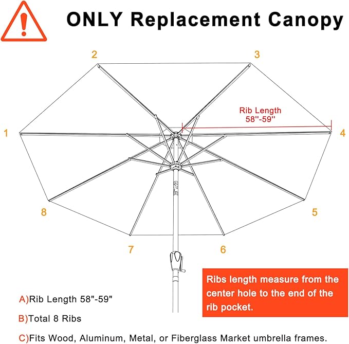 MASTERCANOPY Patio Umbrella 10 ft Replacement Canopy for 8 Ribs-Charcoal Grey Canopy Only