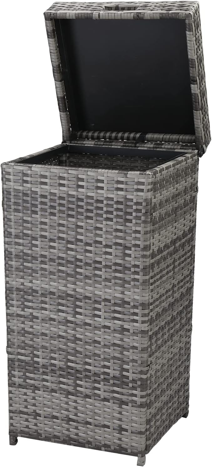 Rattan Trash Can, Deck Storage Box,Rattan Pool Storage Box with Lid & Top Cover Iron Frame, Garden Deck Bin Storage Bench Deck Box for Garden, Backyard, Pool (Grey)