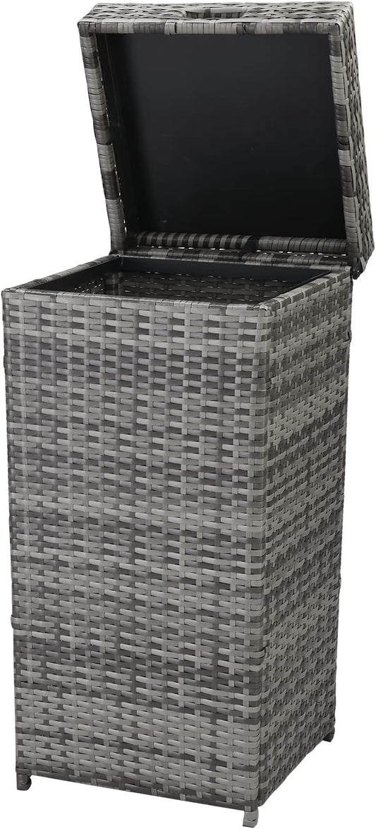 Rattan Trash Can, Deck Storage Box,Rattan Pool Storage Box with Lid & Top Cover Iron Frame, Garden Deck Bin Storage Bench Deck Box for Garden, Backyard, Pool (Grey)