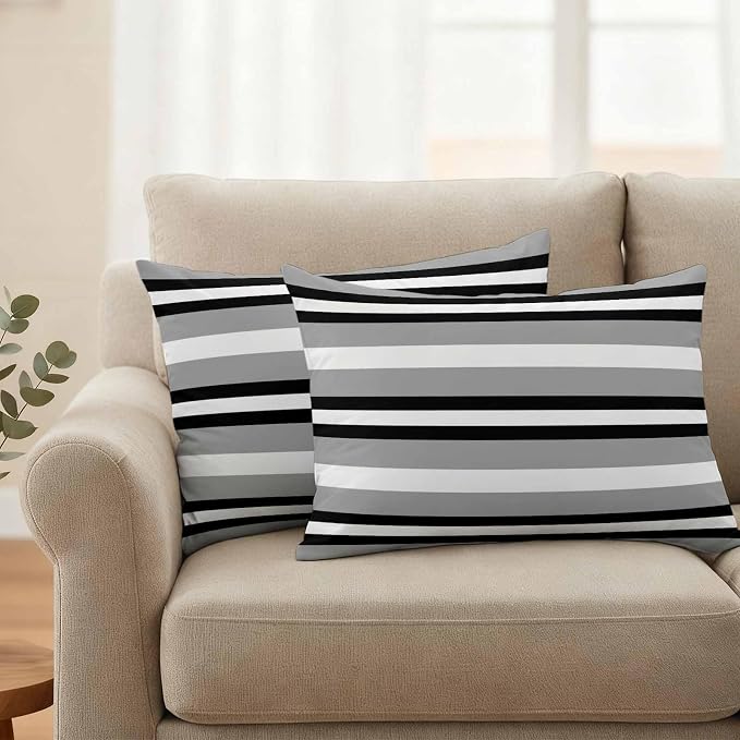 Lumbar Pillow Covers 20x12 Inch Set of 2, Black Gray Striped Waterproof Outdoor Pillow Covers, Contemporary Minimalist Lines Art Decorative Cushion Pillowcases for Couch, Sofa, Bed, Garden, Patio