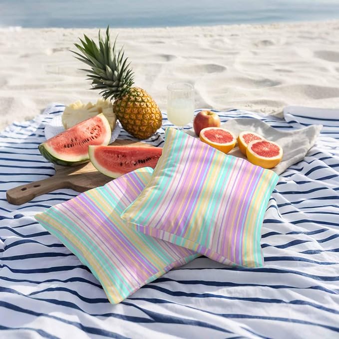 Pink Aqua Stripes Outdoor Pillow Covers 18x18 Inch Throw Pillow Covers Set of 2 Waterproof Decorative Pillow Cases Geometric Yellow Geometric Cushion Covers for Patio Furniture Garden Couch Sofa