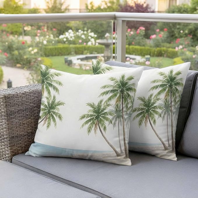 Yukro Coastal Beach Palm Tree Outdoor Waterproof Pillow Covers Pack of 2, Watercolor Coconut Tree Summer Throw Pillowcases Decorative Cushion Covers for Garden Patio Tent Sofa Couch, 24x24 inch