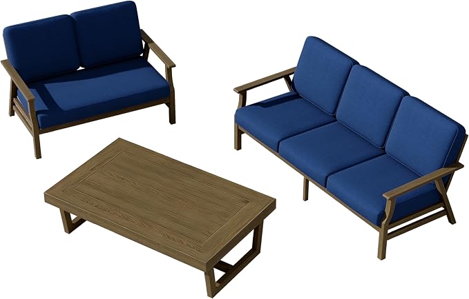 3 Pieces Patio Furniture Sets, Teak Wood Outdoor Sectional Furniture with Coffee Table, 5 Seats Patio Sofa Couch Conversation Set for Backyard Deck - Navy