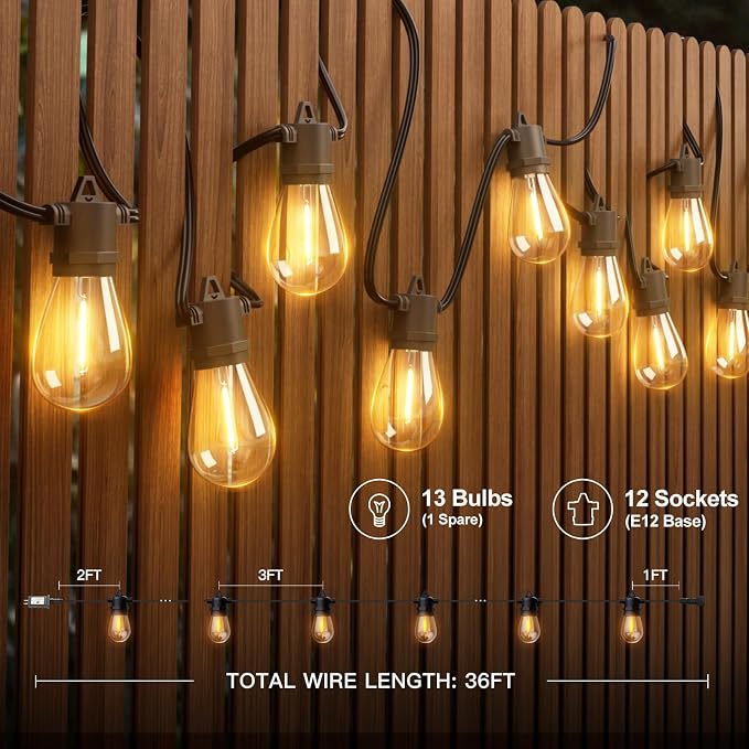 addlon 36FT LED Outdoor String Lights, Waterproof Dimmable Bulbs for Patio | UL Listed, Remote Control. Shatterproof Edison Bulbs, Timer, Linkable, 2700K Warm White. For Backyard, Pergola, Deck, Garden.