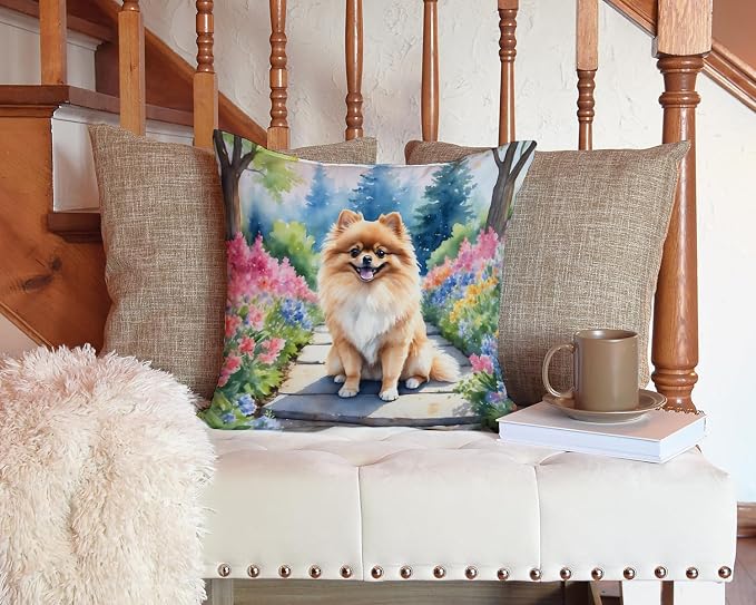 Caroline's Treasures Pomeranian Spring Path Throw Pillow Machine Washable, Indoor Outdoor Decorative Pillow for Couch, Bed or Patio, 14Hx14W