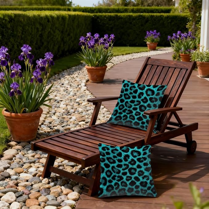 16x16 Inch Outdoor Pillow Covers Set of 2 Waterproof Throw Pillow Covers Decorative Couch Cushion Covers Leopard Skin Turquoise Square Pillowcases Protectors for Patio Garden Sofa