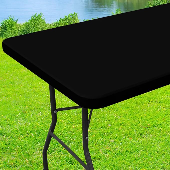 Moosfor Spandex 8 Foot Rectangle Table Cloth 2 Pack, Elastic Fitted Tablecloths for Picnic, Stretch Washable Patio Table Cover for Outdoor, Camping, Banquet and Parties (Black, 24"x96")