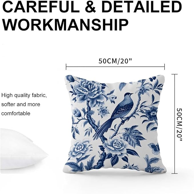 Blue Indigo Floral Chinoiserie Outdoor Throw Pillow Covers Asian Navy Lotus Bird Waterproof Throw Pillowcase 20x20 in Modern Accent Cushion Cover for Patio Furniture Garden