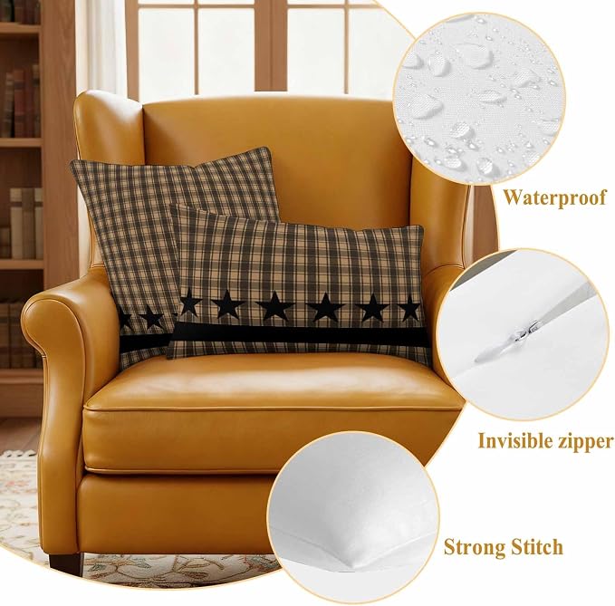 Brown Black Plaid Waterproof Outdoor Pillow Covers Set of 2 Home Decor Vintage Rustic Star Buffalo Check Pillowcase Patio Pillow Covers for Couch Bench Furniture Garden 16x16in