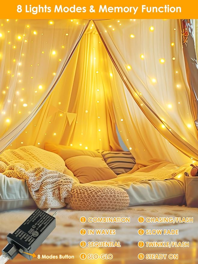 66FT 200 LED Fairy Lights Plug in, 8 Modes Twinkle Lights Warm White | Waterproof String Lights Outdoor Indoor, Memory, Timer, Copper Wire, Christmas Lights for Bedroom Garden Party Holiday Decor