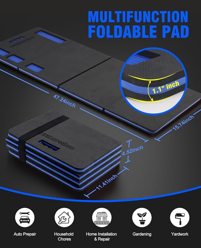 Foldable Foam Kneeling Pad, Mechanic Mat for Ground, 47.2"x15.7"x1.1" | for Gardening, Work, Repairing, Garage, Handle, Tool Tray, Strap, Durable Supportive, Waterproof, Oil Dirt Resistant, Nonslip