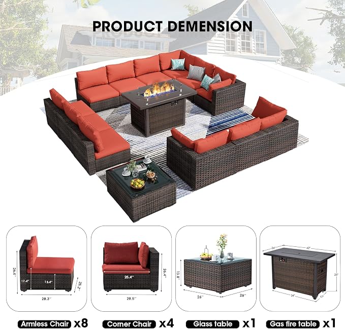 14 Piece Patio Furniture Set with Fire Pit Table, Outdoor Sectional Sofa PE Rattan, Patio Conversation Sets with Cushions for Garden Lawn Balcony Porch Deck Red