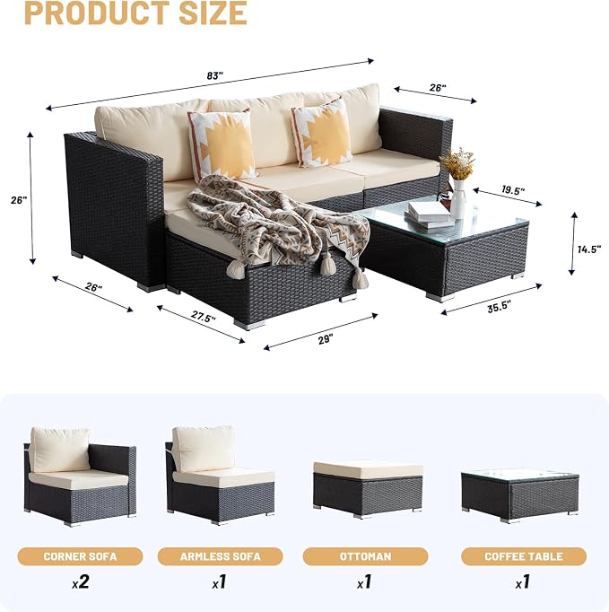 5 Piece Rattan Patio Furniture Set, Outdoor Patio Conversation Set | Soft Removable Cushion and Backrest, Tempered Coffee Table, Modern Chairs and Table Sets for Porch, Garden, Lawn, Grey/Beige