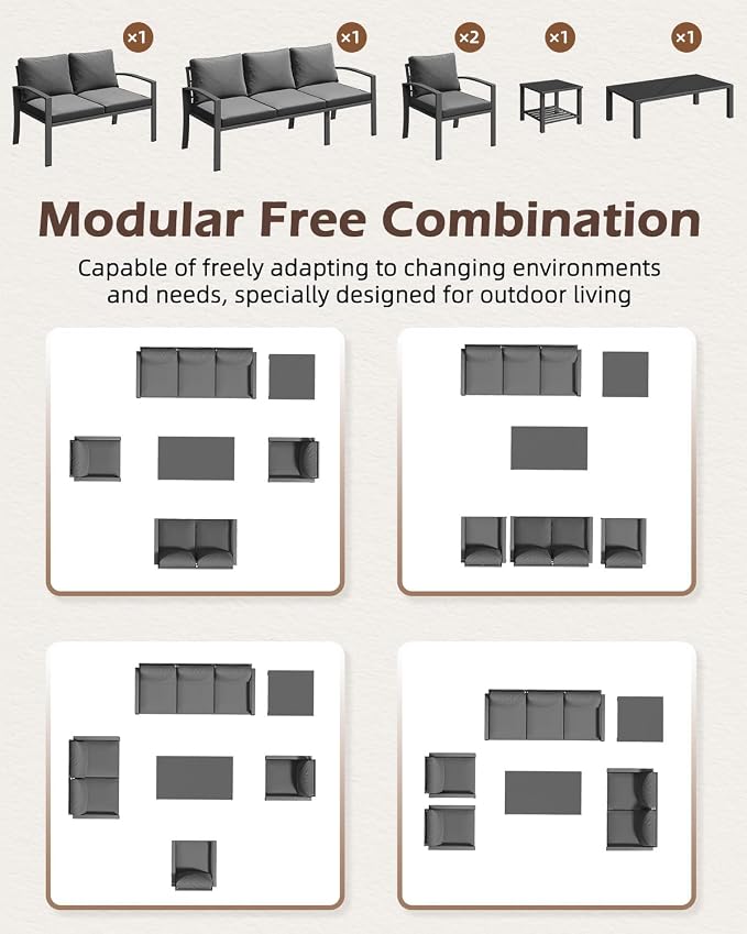 U-MAX Aluminum Patio Furniture Set 7 Seats, Modern Furniture Clearance with Coffee Table & Side Table, Patio Conversation Sets with Deep Cushions for Lawn, Garden, Porch, Balcony, Dark Grey