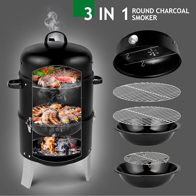 LEADZM 3-in-1 Vertical Charcoal Grill, Outdoor BBQ Charcoal Smoker with Built-in Thermometer, Air Vent, and 2 Access Doors, Perfect for Camping, Picnics, Backyard BBQs, and Tailgating Parties