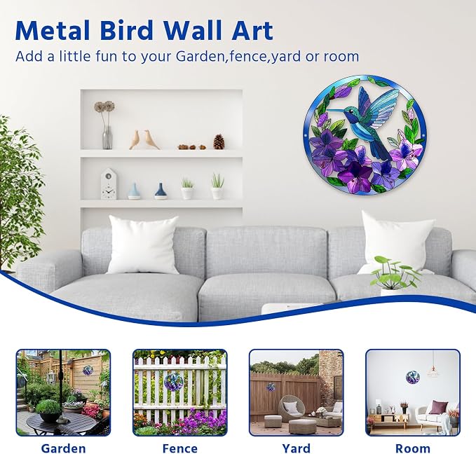 Metal Hummingbird Wall Art Decor- Outdoor Wall Art for Patio, Garden and Fence Decorations, Bird Wall Silhouette Indoor and Outdoor Hanging