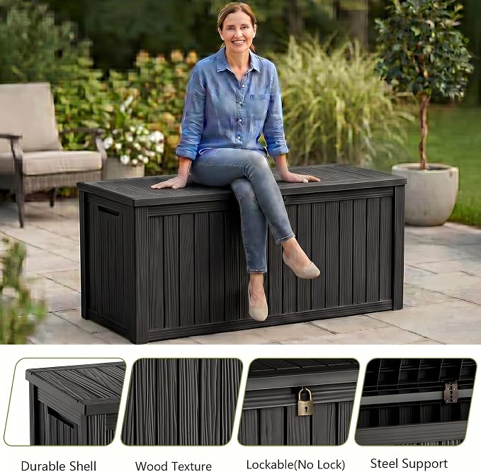 Waterproof Outdoor Storage Box Outside Deck Box Lockable Resin Bench UV Resistant Furniture Cushion Pool Tool Float Bin Patio Garden Porch (Black, 200 Gallon)