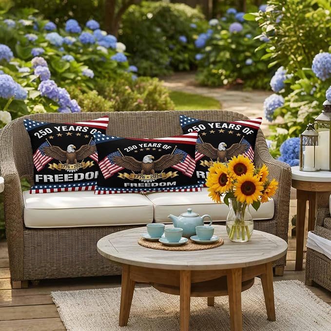 250 Years Anniversary Outdoor Pillow Covers 20x20 Inch Throw Pillow Covers Set of 2 Waterproof Decorative Pillow Cases American Flag Eagle Independence Day Cushion Covers for Patio Furniture Garden