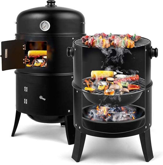 VINGLI 18 Inch Multi-Layer Charcoal BBQ Smoker Grill, Heavy Duty Round Grill, Vertical Smoker with Thermometer, for Outdoor Cooking, Patio, Parties, Backyard