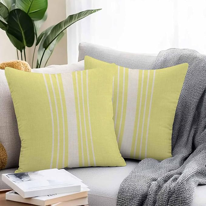 Outdoor Waterproof Pillows Cover Pack of 2 Modern Yellow Striped Burlap Texture Decorative Pillowcases with Zipper Cushion Case for Patio Tent Couch Garden 20 x 20 Inches