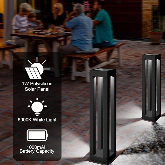 Outdoor Solar Floor Lamps, Modern Tall Lanterns for Patio, 2-Pack | 18.9-in black stainless steel lanterns with dusk-to-dawn solar power, IP65 waterproof and decorative downward lighting