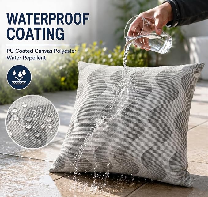 Outdoor Pillow Covers Waterproof Throw Pillow Covers, Set of 2 Jacquard Texture Water Resistant Fade Resistant Decorative Cushion Covers for Garden Patio Bench Couch Sofa, 18x18 Inch (Wave Gray)