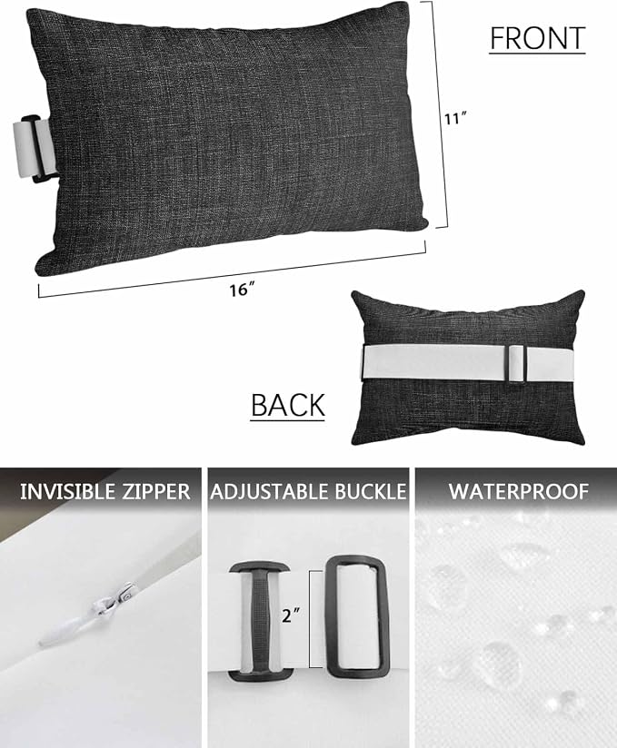 Outdoor Pillow for Chaise Lounge Chair Black Rustic Vintage Burlap Texture Outdoor Pillows Waterproof with Adjustable Strap Headrest Lumbar Pillows for Garden Patio Furniture 2 Pack 11" x 16"