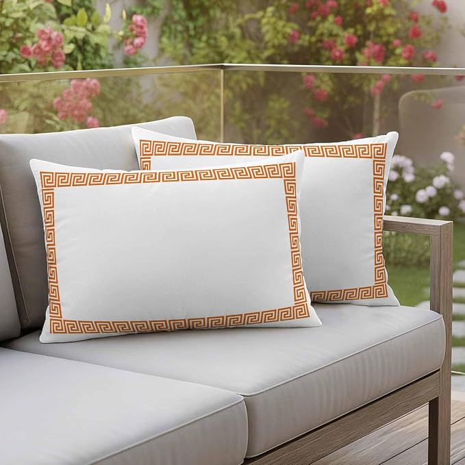 Outdoor Pillow Covers Set of 2, Abstract Greek Inspired Art Decorative Throw Pillow Covers 20X12IN, Orange Twist Line Key Pattern Throw Pillows Protector Cushion Case for Patio,Couch,Sofa,Garden