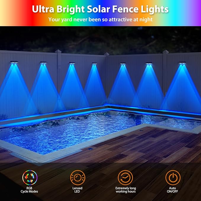 Solar Fence Lights ,RGB & Warm White & 6 Colors Bright Lens LED Dusk to Dawn Deck Light, Fence Solar Lights Outdoor Waterproof, Solar Outdoor Lights for Backyard/Railing/Wall/Step/Patio/Pool (16Pack)