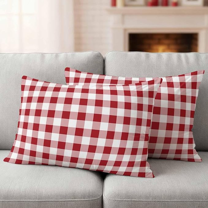 Outdoor Throw Pillow Covers,Red Pink and White Plaid Waterproof Decorative Pillowcases Cushion Cover Pastoral Farm Style Pillow Cases for Patio Couch Sofa Bed,20x12in Set of 2