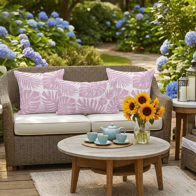 Pink Palm Leaves Outdoor Pillow Covers 24"x24" Set of 2, Tropical Botanical Minimalist Modern Waterproof Throw Pillow Covers for Patio Furniture, Decorative Cushion Covers for Porch