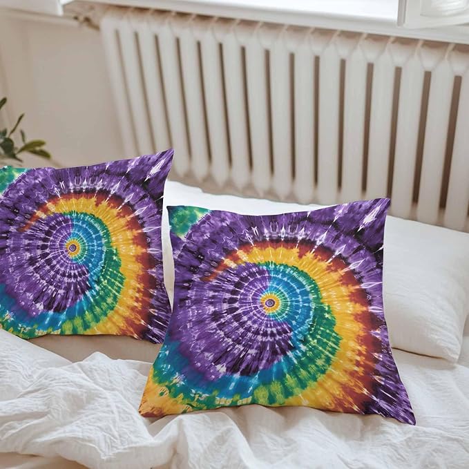 Vandarllin Outdoor Throw Pillows Covers 16x16 inch Set of 2 Waterproof Purple Tie-Dye Art Decorative Zippered Cushion Covers for Patio Furniture, Abstract Boho Tribe Lumbar Pillowcases