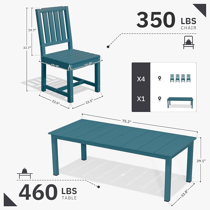AreShark 5-Piece Outdoor Dining Set,HDPE Patio Table with 4 Armless Chairs,All-Weather Patio Furniture Set with Umbrella Hole,Low Maintenance Wood Grain Dining Set for Backyard,Garden,Poolside,White