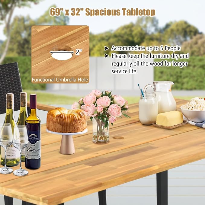 Tangkula 5 PCS Patio Rattan Dining Set, Outdoor Wicker Chair & Dining Table Set, Acacia Wood Tabletop & Armrests, 2” Umbrella Hole, Seat Cushions Included, Backyard (5 PCS)