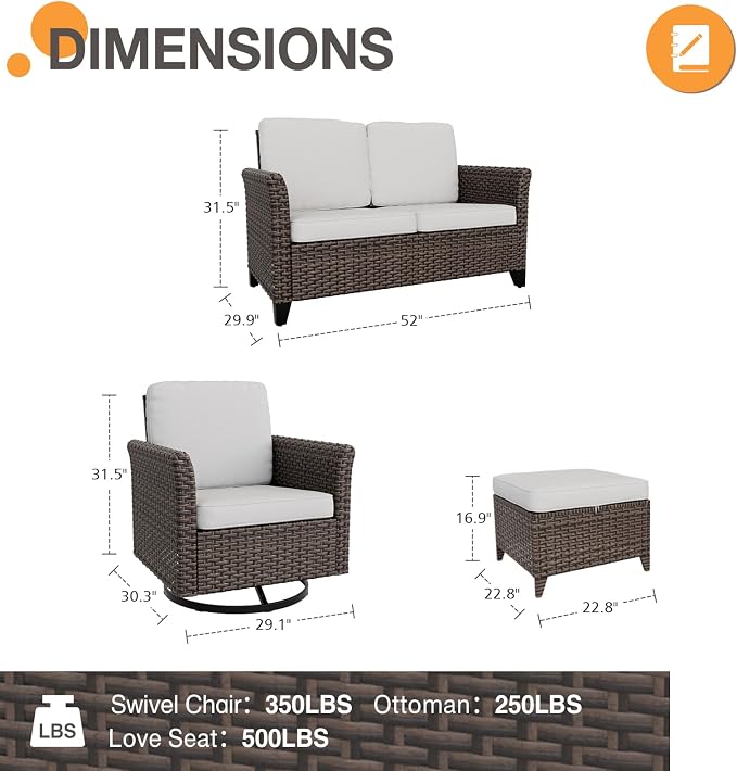 COOS BAY Harbor Retreat 5 Piece Outdoor Furniture Set, Patio Conversation Set with Swivel Rocking Chairs, 2 Seat Loveseat and Ottomans, Wicker Furniture, Brown/Beige