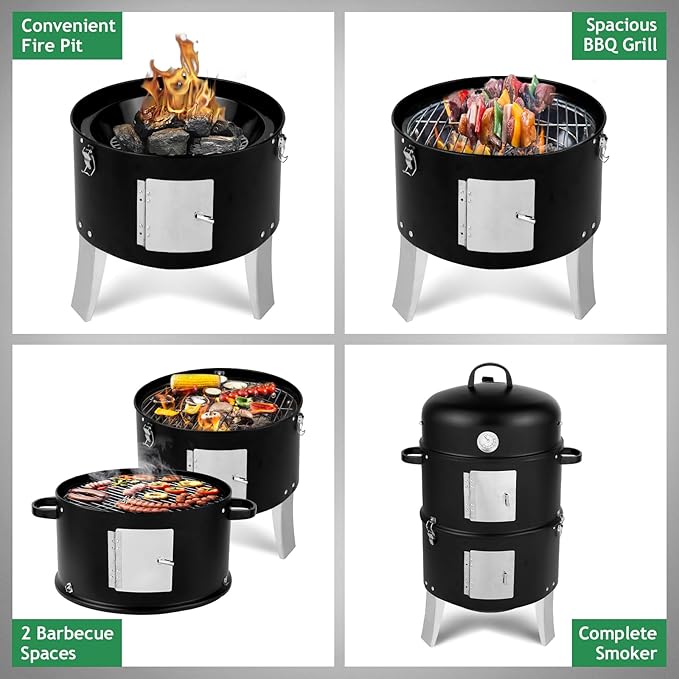 Vertical 18.5" Barbecue Charcoal Smoker, Heavy Duty 3-in-1 Portable Outdoor BBQ Grill Cooker with Built-in Thermometer for Outdoor Backyard Cooking Grilling Camping