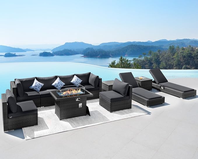 NICESOUL 11-Piece Patio Furniture with Chaise Lounge, Modern Wicker Outdoor Sectional with Fire Pit Table, Comfortable 29.3'' High-Back Backyard Seating, Heavy Duty All-Weather Couch Set, Dark Grey