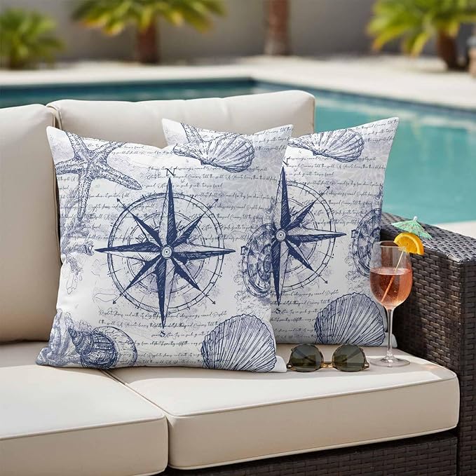 Vintage Nautical Outdoor Waterproof Throw Pillow Covers Set of 2, 26"x26", Summer Navy Blue Compass Shell Starfish Map Decorative Pillow Covers Outside Cushion Case for Patio Porch Garden