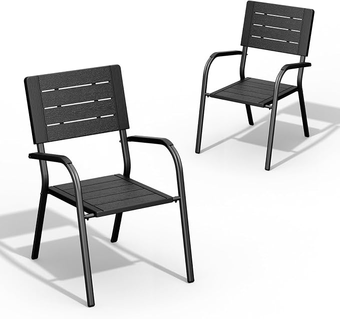 VINGLI Outdoor Patio Dining Chairs, Stackable HDPE All-Weather Arm Chairs, Weatherproof Outdoor Seating for Garden, Backyard, Poolside, Balcony,Black (2 Pack)