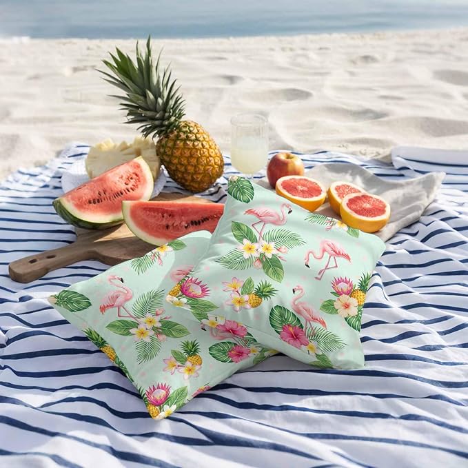 Pink Flamingos Outdoor Pillow Covers 26"x26" Set of 2, Summer Tropical Yellow Pineapples Green Palm Leaf Waterproof Throw Pillow Covers for Patio Furniture, Decorative Cushion Covers for Porch