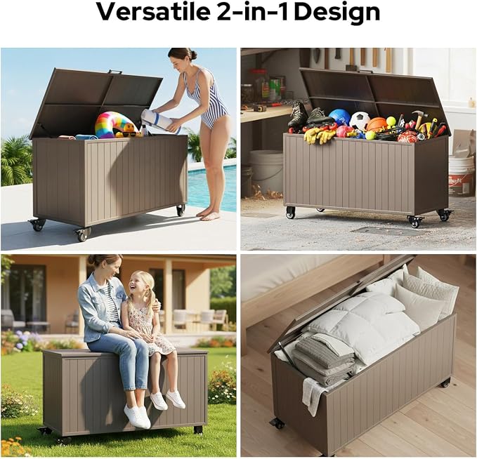 Outdoor Storage Box with Wheels 150 Gallon, Mobile Aluminum Deck Boxes Outdoor Waterproof, UV Resistant Patio Storage Box with Lid for Patio Furniture, Garden Tools, Outdoor Cushion (Brown)