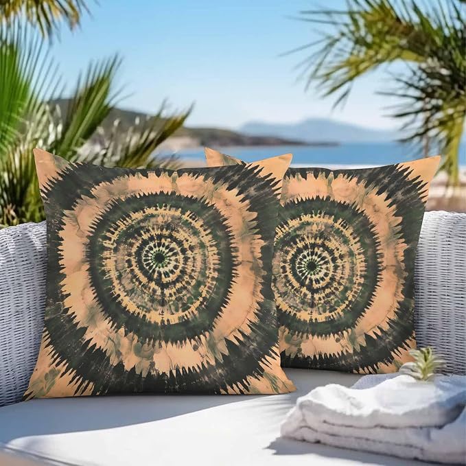 Vandarllin Outdoor Throw Pillows Covers 26x26 inch Set of 2 Waterproof Brown Tie-Dye Art Decorative Zippered Cushion Covers for Patio Furniture, Abstract Boho Tribe Lumbar Pillowcases