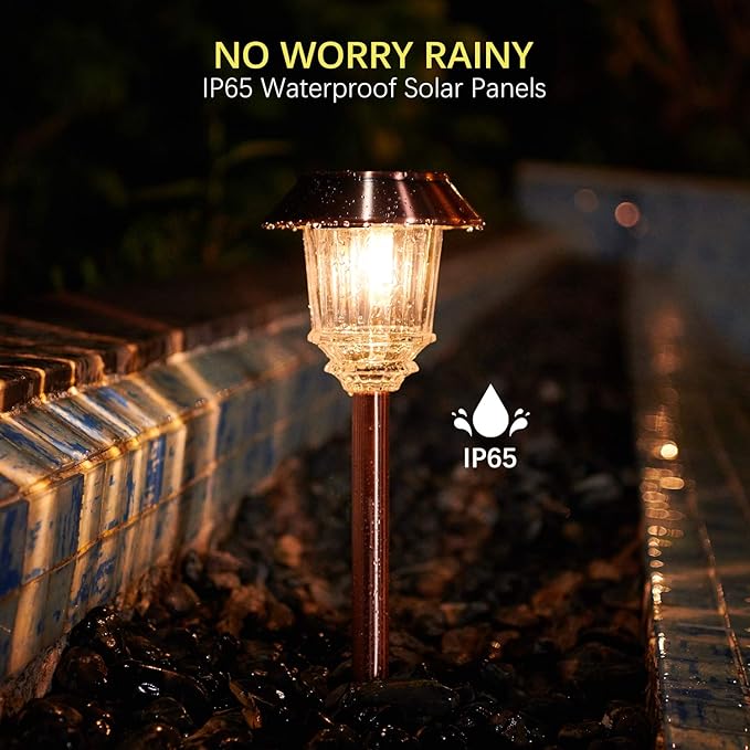 XMCOSY+ Solar Lights Outdoor Waterproof, 4 Pack Solar Lights for Outside, 10-40 LM Dimmable LED Glass Outdoor Solar Lights for Yard Pathway Garden Lawn Driveway Walkway (Warm White)