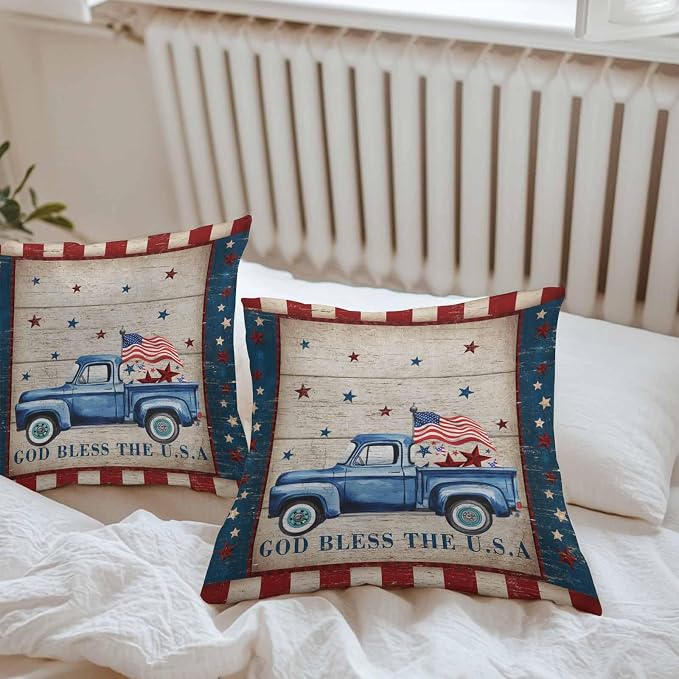 Patriotic Waterproof Pillow Covers for Couch Throw Pillow Cases Set of 2, Independence Day Blue Truck USA Flag Stars Decorative Cushion Pillow Covers 18x18In,Indoor Outdoor Decor Retro Wood Grain