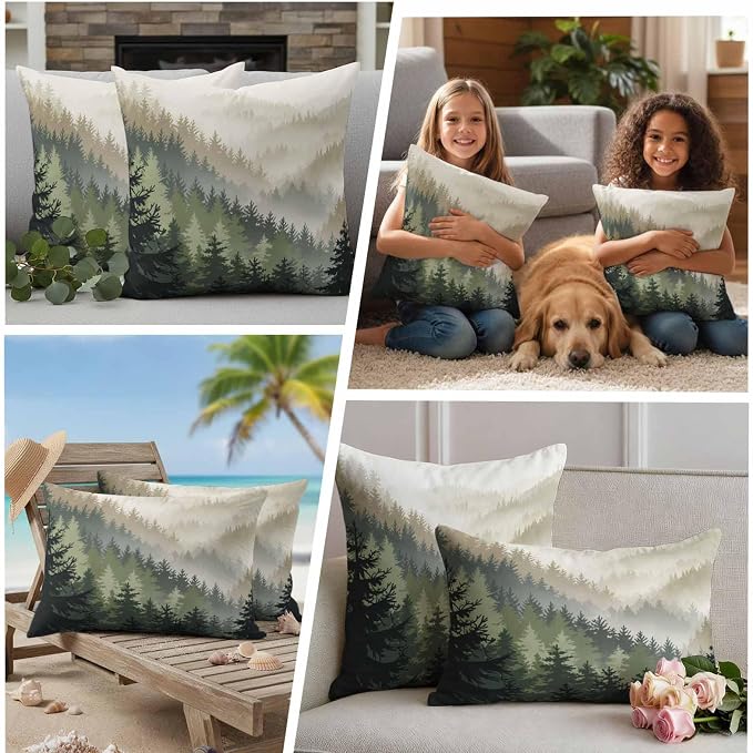 Mountains Outdoor Pillow Covers Waterproof, All Weather Cushion Case Set of 2, Watercolor Forest Nature Pine Trees Landscape Lumbar Pillowcase for Sofa Couch Bed Decor Patio Furniture 20"x12"